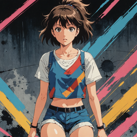 31074850-2084045052-80's anime screencap, girl wearing a cropped top and short shorts, artistic rendition with wide brush strokes, anime comic.png